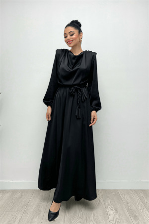 Beli Büzgülü Saten Abiye Elbise - SİYAH - Angelino Moda