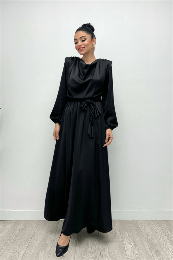 Beli Büzgülü Saten Abiye Elbise - SİYAH - 1