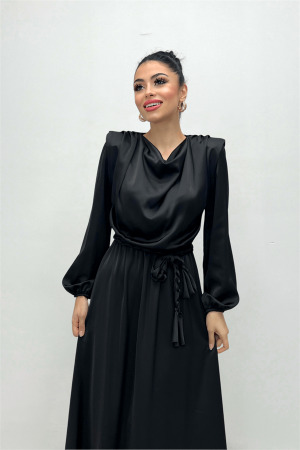 Beli Büzgülü Saten Abiye Elbise - SİYAH - Angelino Moda (1)