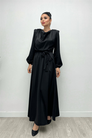 Beli Büzgülü Saten Abiye Elbise - SİYAH - 3
