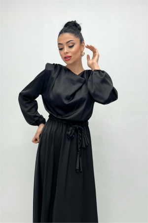Beli Büzgülü Saten Abiye Elbise - SİYAH - 4