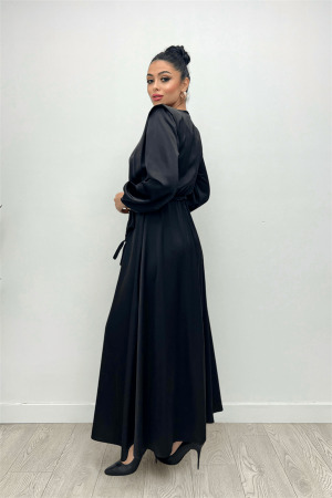 Beli Büzgülü Saten Abiye Elbise - SİYAH - 5