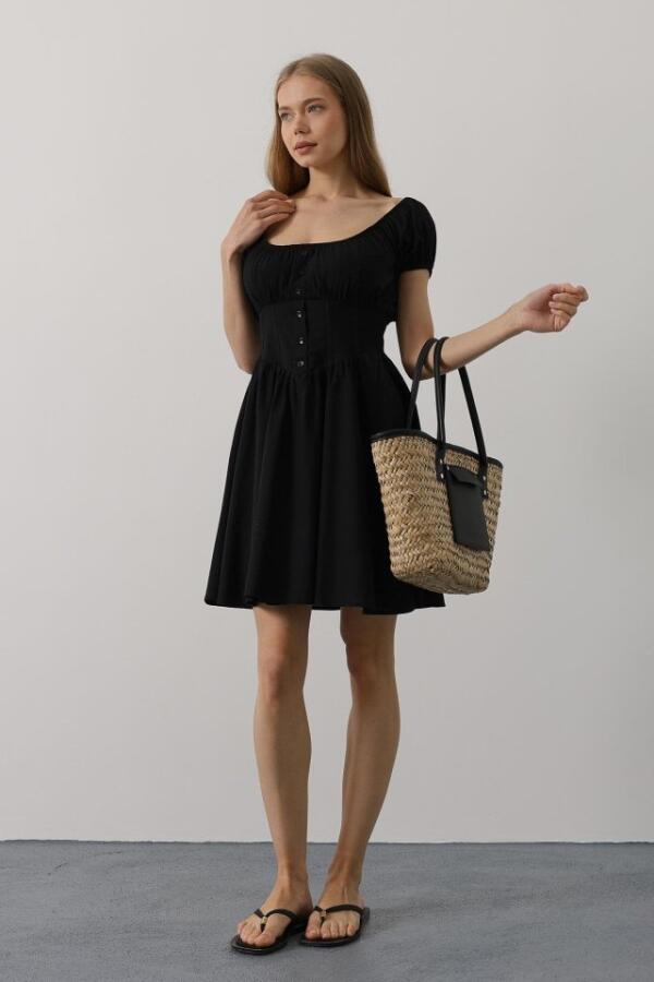 Beli Korseli Mini Elbise - Siyah - 1