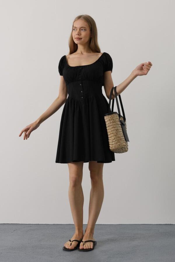 Beli Korseli Mini Elbise - Siyah - 3