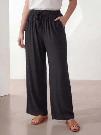 Beli Lastikli Bağcık Detaylı Kadın Büyük Beden Pantolon Siyah - RMG