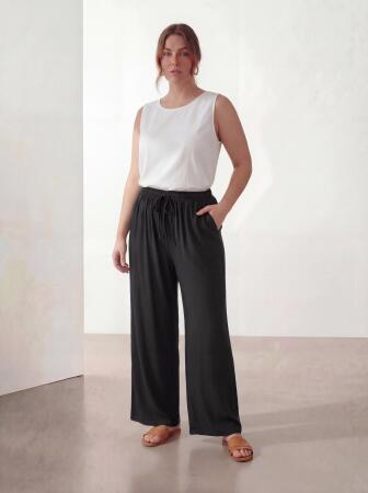 Beli Lastikli Bağcık Detaylı Kadın Büyük Beden Pantolon Siyah - 3