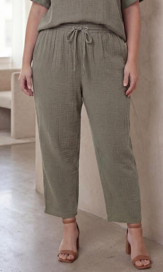 Beli Lastikli Bağcıklı Kadın Büyük Beden Pantolon Çağla Yeşili - 1