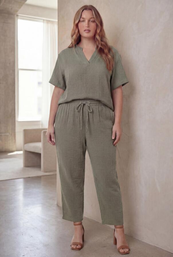 Beli Lastikli Bağcıklı Kadın Büyük Beden Pantolon Çağla Yeşili - 2