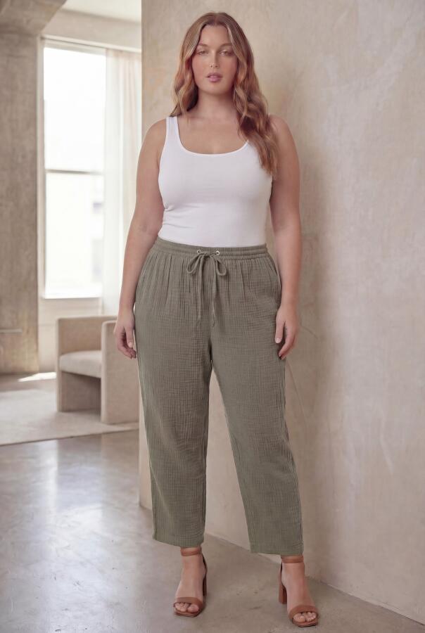 Beli Lastikli Bağcıklı Kadın Büyük Beden Pantolon Çağla Yeşili - 3
