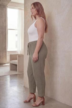 Beli Lastikli Bağcıklı Kadın Büyük Beden Pantolon Çağla Yeşili - 4