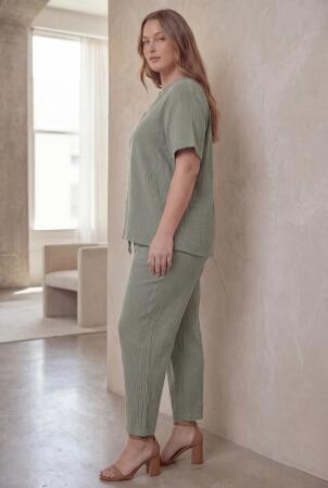 Beli Lastikli Bağcıklı Kadın Büyük Beden Pantolon Çağla Yeşili - 5