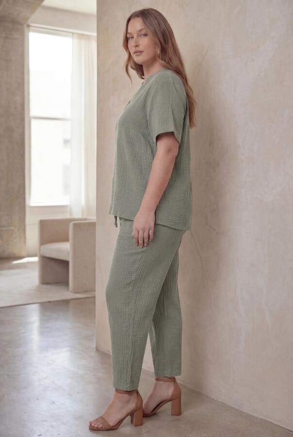 Beli Lastikli Bağcıklı Kadın Büyük Beden Pantolon Çağla Yeşili - 5