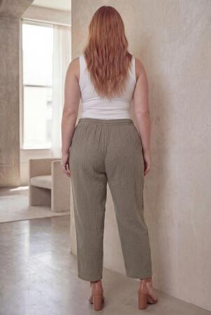 Beli Lastikli Bağcıklı Kadın Büyük Beden Pantolon Çağla Yeşili - 6