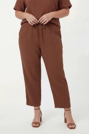 Beli Lastikli Bağcıklı Kadın Büyük Beden Pantolon Kahve - RMG
