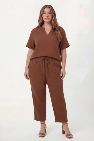 Beli Lastikli Bağcıklı Kadın Büyük Beden Pantolon Kahve - 3