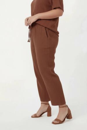 Beli Lastikli Bağcıklı Kadın Büyük Beden Pantolon Kahve - 2