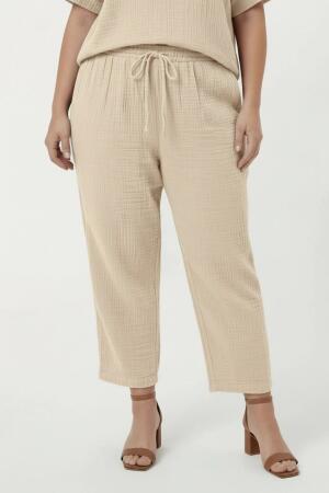 Beli Lastikli Bağcıklı Kadın Büyük Beden Pantolon Krem - RMG