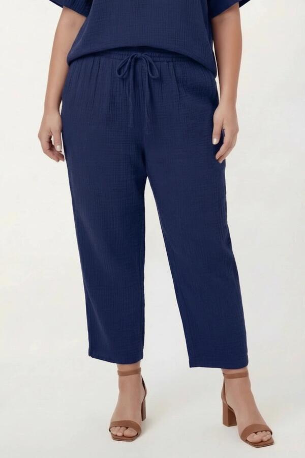 Beli Lastikli Bağcıklı Kadın Büyük Beden Pantolon Lacivert - 1