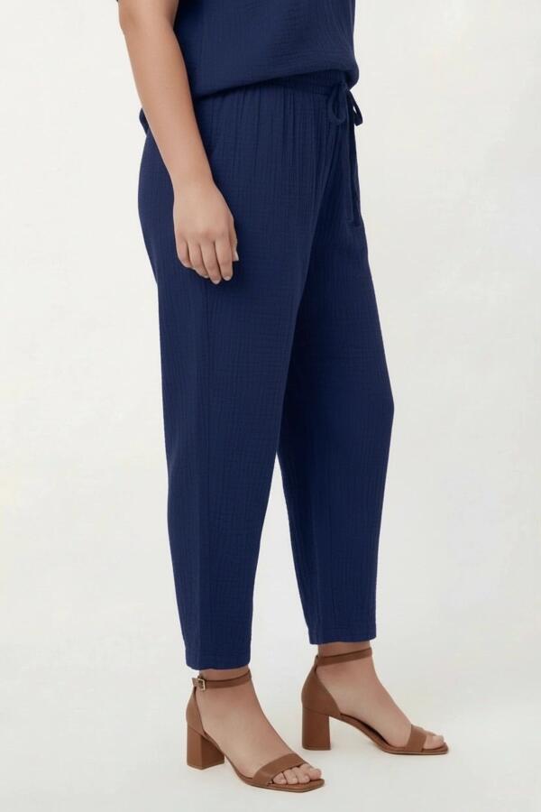 Beli Lastikli Bağcıklı Kadın Büyük Beden Pantolon Lacivert - 2