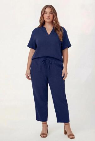 Beli Lastikli Bağcıklı Kadın Büyük Beden Pantolon Lacivert - 3