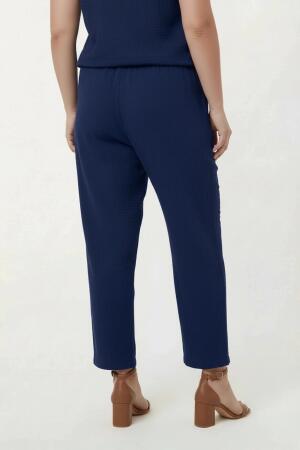 Beli Lastikli Bağcıklı Kadın Büyük Beden Pantolon Lacivert - 4