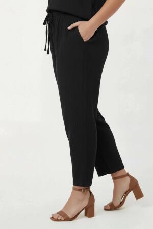 Beli Lastikli Bağcıklı Kadın Büyük Beden Pantolon Siyah - RMG (1)