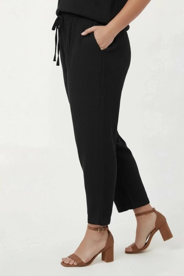 Beli Lastikli Bağcıklı Kadın Büyük Beden Pantolon Siyah - 2