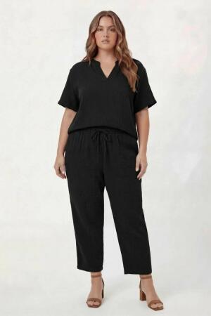 Beli Lastikli Bağcıklı Kadın Büyük Beden Pantolon Siyah - 3