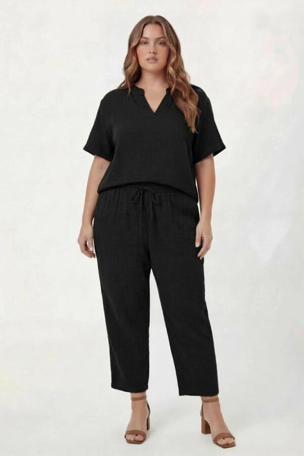 Beli Lastikli Bağcıklı Kadın Büyük Beden Pantolon Siyah - 3