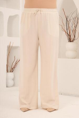 Beli Lastikli Bol Paça Büyük Beden Kadın Keten Pantolon Bej - RMG