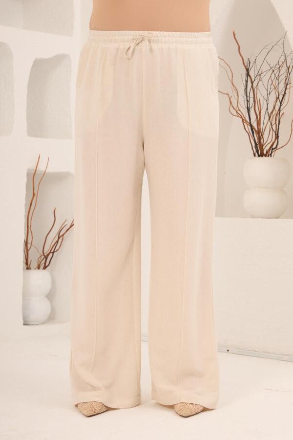 Beli Lastikli Bol Paça Büyük Beden Kadın Keten Pantolon Bej - 1