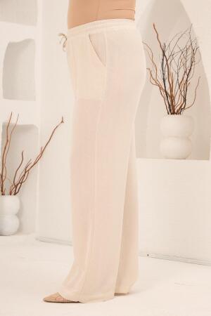 Beli Lastikli Bol Paça Büyük Beden Kadın Keten Pantolon Bej - RMG (1)