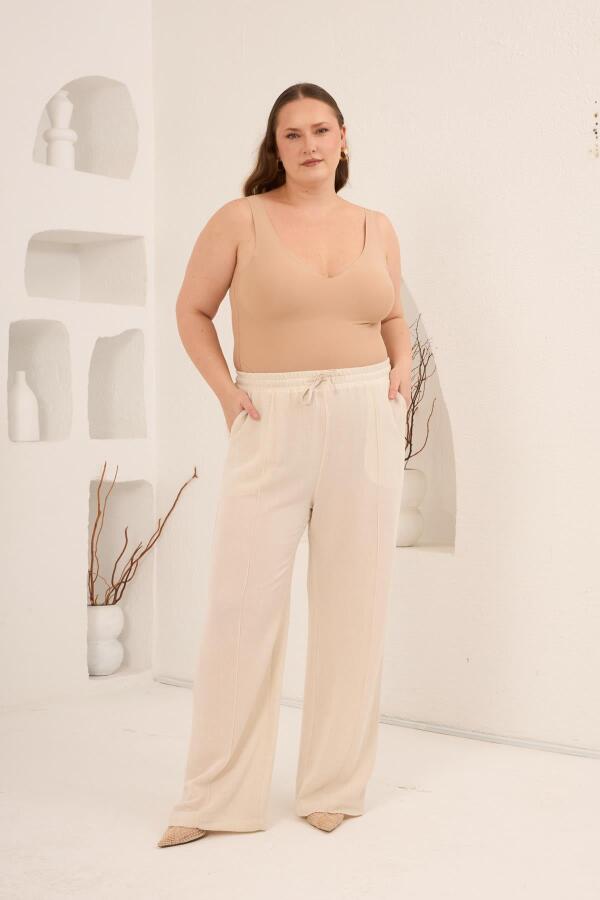 Beli Lastikli Bol Paça Büyük Beden Kadın Keten Pantolon Bej - 3
