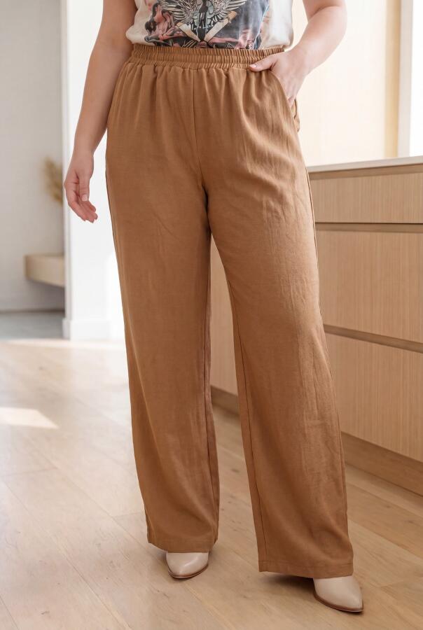 Beli Lastikli Bol Paça Büyük Beden Kadın Keten Pantolon Kahve - 1