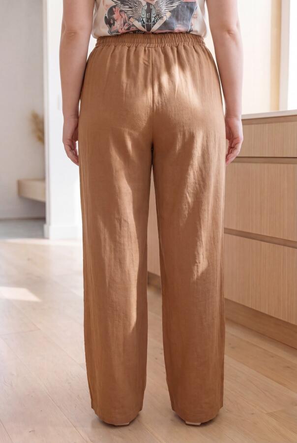 Beli Lastikli Bol Paça Büyük Beden Kadın Keten Pantolon Kahve - 3