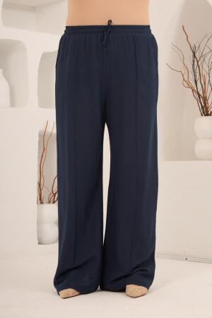 Beli Lastikli Bol Paça Büyük Beden Kadın Keten Pantolon Lacivert - RMG