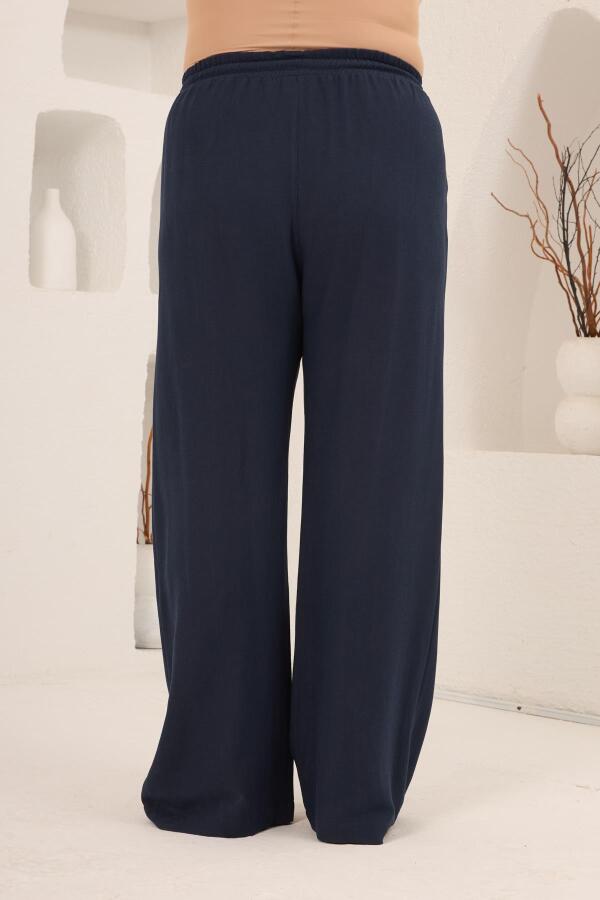 Beli Lastikli Bol Paça Büyük Beden Kadın Keten Pantolon Lacivert - 3