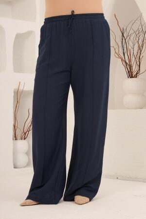 Beli Lastikli Bol Paça Büyük Beden Kadın Keten Pantolon Lacivert - 4