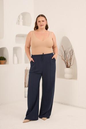 Beli Lastikli Bol Paça Büyük Beden Kadın Keten Pantolon Lacivert - 5