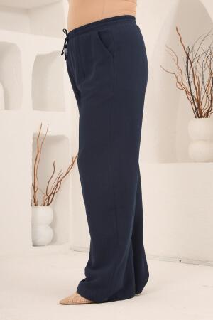 Beli Lastikli Bol Paça Büyük Beden Kadın Keten Pantolon Lacivert - 2