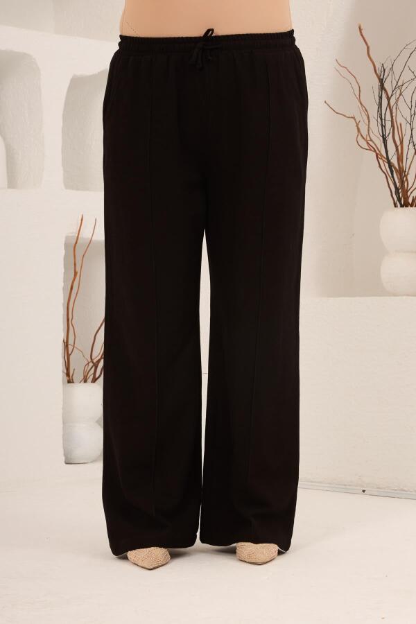 Beli Lastikli Bol Paça Büyük Beden Kadın Keten Pantolon Siyah - 1