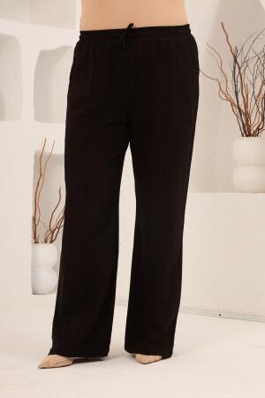 Beli Lastikli Bol Paça Büyük Beden Kadın Keten Pantolon Siyah - 3