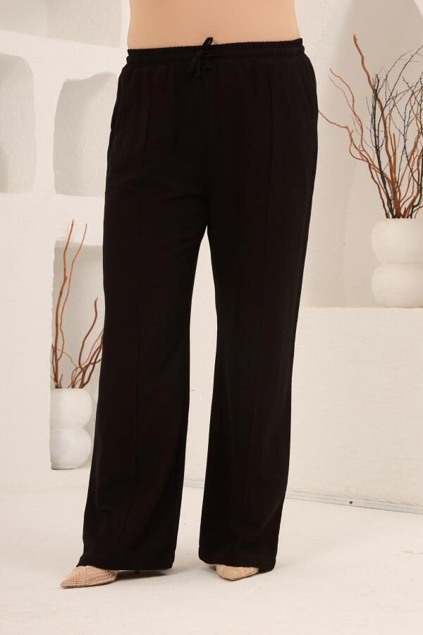 Beli Lastikli Bol Paça Büyük Beden Kadın Keten Pantolon Siyah - 3