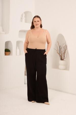 Beli Lastikli Bol Paça Büyük Beden Kadın Keten Pantolon Siyah - 4