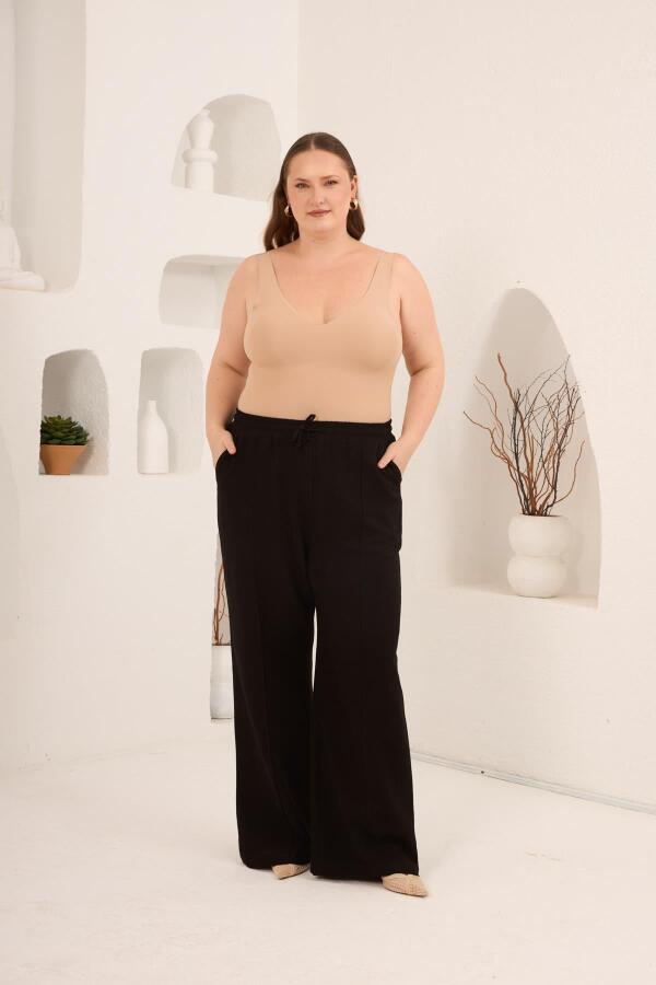 Beli Lastikli Bol Paça Büyük Beden Kadın Keten Pantolon Siyah - 4