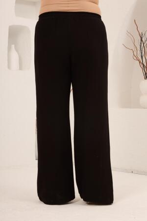 Beli Lastikli Bol Paça Büyük Beden Kadın Keten Pantolon Siyah - 5