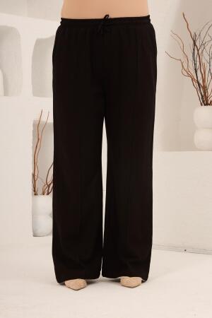 Beli Lastikli Bol Paça Büyük Beden Kadın Keten Pantolon Siyah - 1