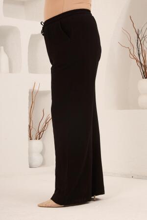 Beli Lastikli Bol Paça Büyük Beden Kadın Keten Pantolon Siyah - 2