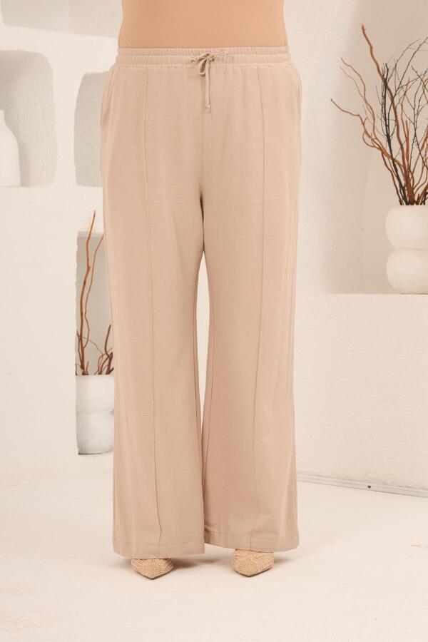 Beli Lastikli Bol Paça Büyük Beden Kadın Keten Pantolon Vizon - 1