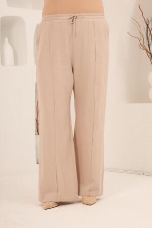 Beli Lastikli Bol Paça Büyük Beden Kadın Keten Pantolon Vizon - 3